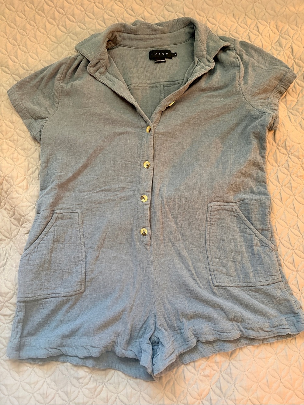 Hatch Light Blue Textured Button Shorts Romper | Women’s size 2